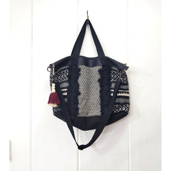 Mossimo Supply Co. Black & White Woven Boho Tote Bag With Fringe & Tassel Detail - Picture 1 of 7